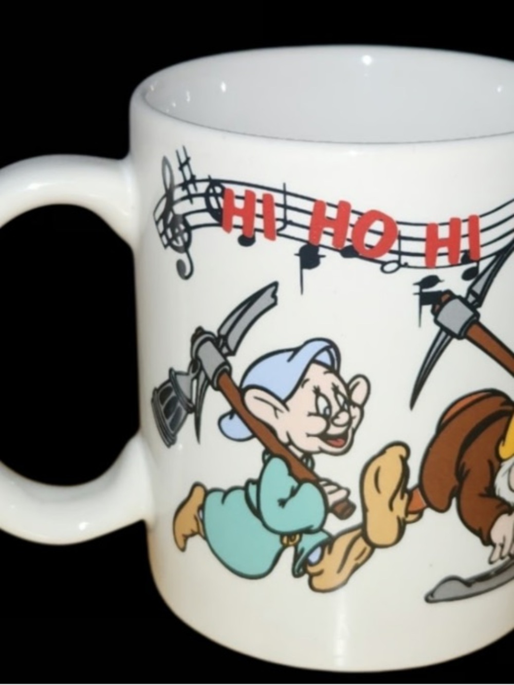 White Ceramic Mug with Colorful Dopey Design and 'Hi Ho Hi' Text
